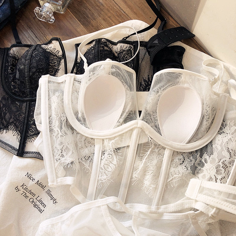 Sexy fishbone vest bra panty set eyelashes lace perspective soft steel ring anti-sagging underwear women bralette - Sabreeonline