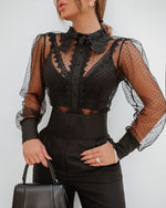 Black Casual Dot Sheer Mesh See Through Blouse - Sabreeonline