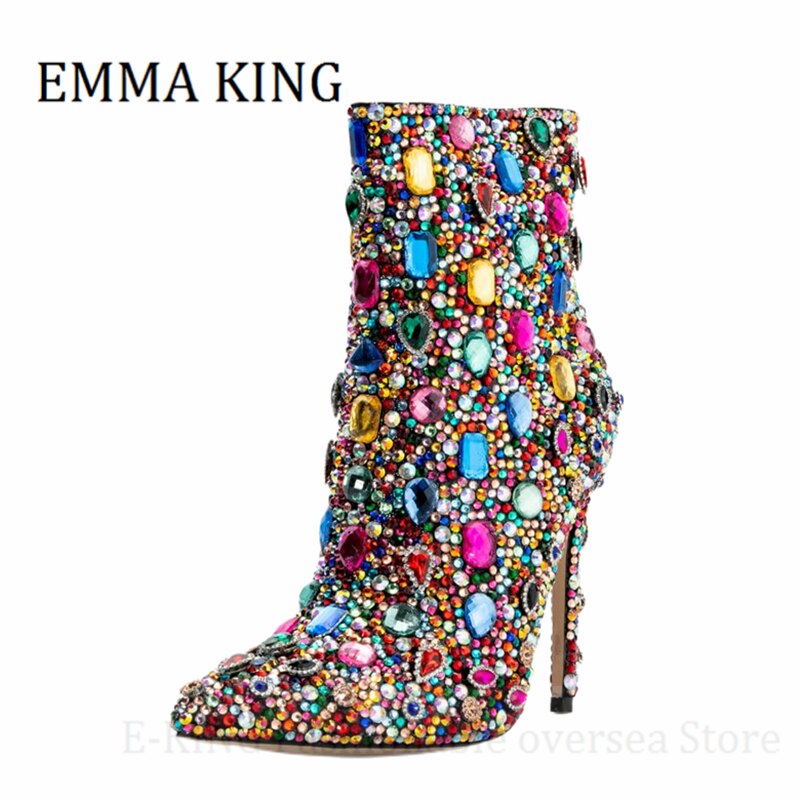 Women Multicolor Crystal Ankle Boots Sexy Stiletto Heels Rhinestone Cocktail Booties Ladies Bling Party Shoes Botas De Mujer - Sabreeonline