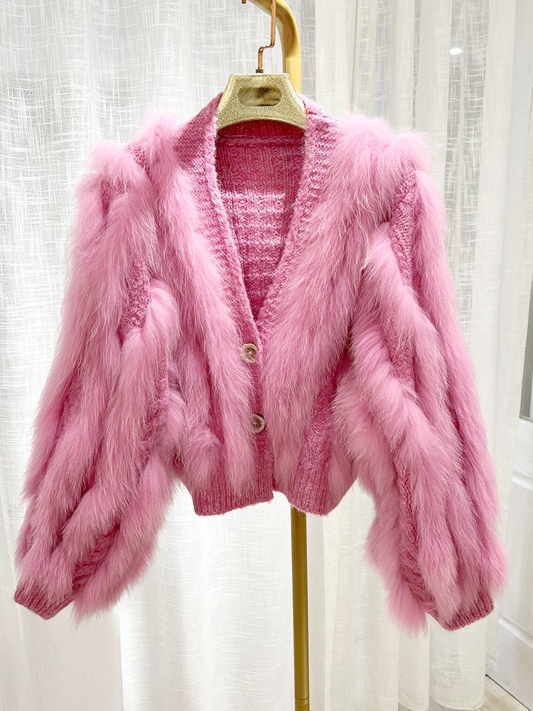Thick Loose Fox Fur Strip Fashion Sweater Coat - Sabreeonline
