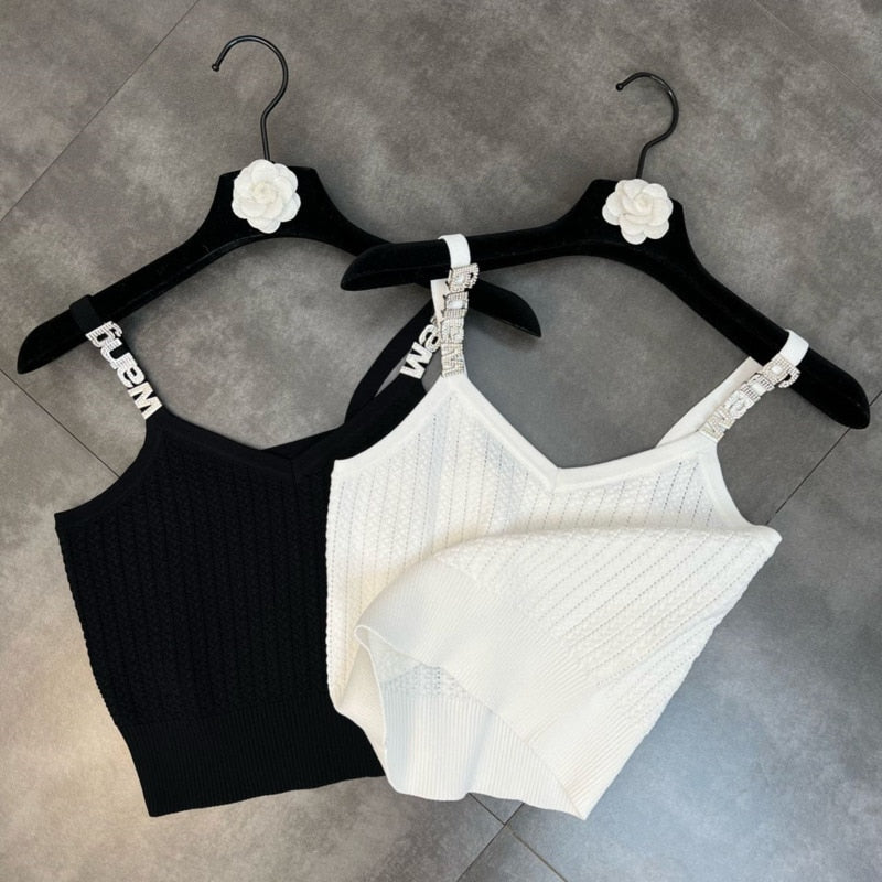 PREPOMP 2022 Summer New Arrival Sleeveless Diamonds Letters Strapl V Neck Slim Knitted Vest Women Tank Top GE733