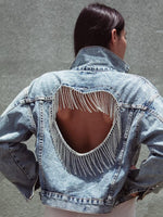 Denim Jacket Light Blue Diamond Open Back - Sabreeonline