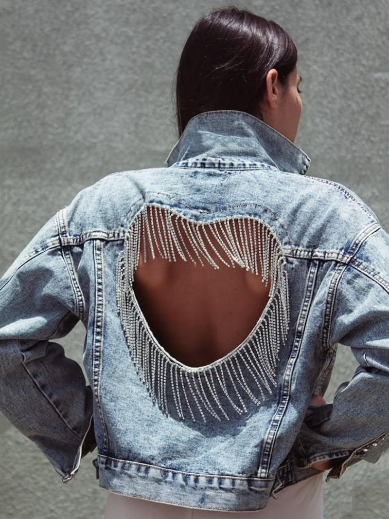 Denim Jacket Light Blue Diamond Open Back - Sabreeonline