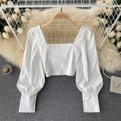 T686 Ins Short Tops Women 2021 Spring Autumn New Fashion Party Square Collar Slim Long Sleeve Shirt Solid Color Blouse - Sabreeonline