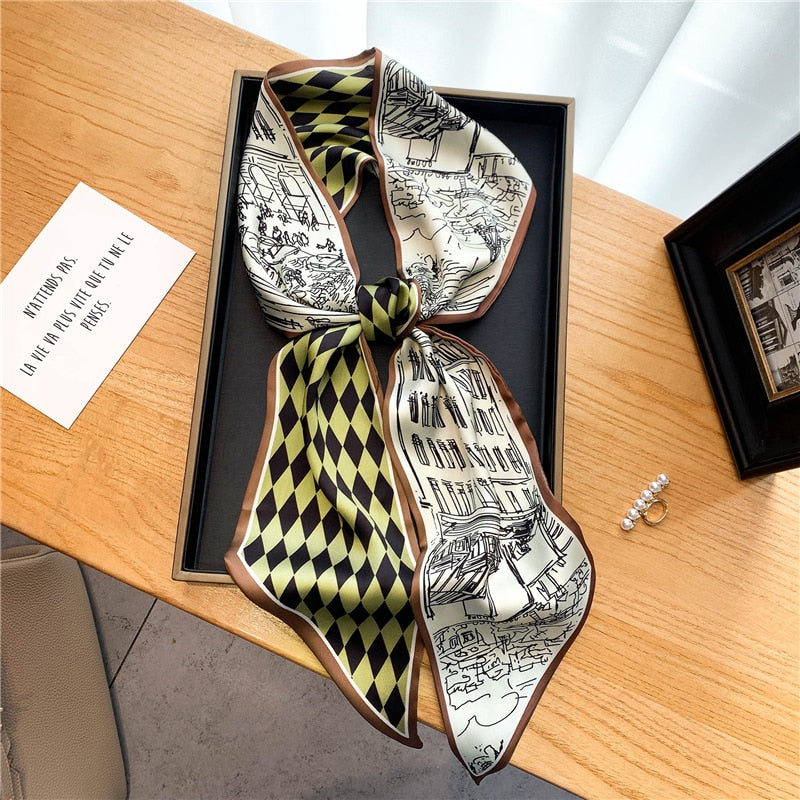 Elegant Print Satin Silk Skinny Scarf - Sabreeonline