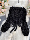 O-Neck Shirts Long-sleeved Open Back Lace-up Bow Short Tops Female - Sabreeonline