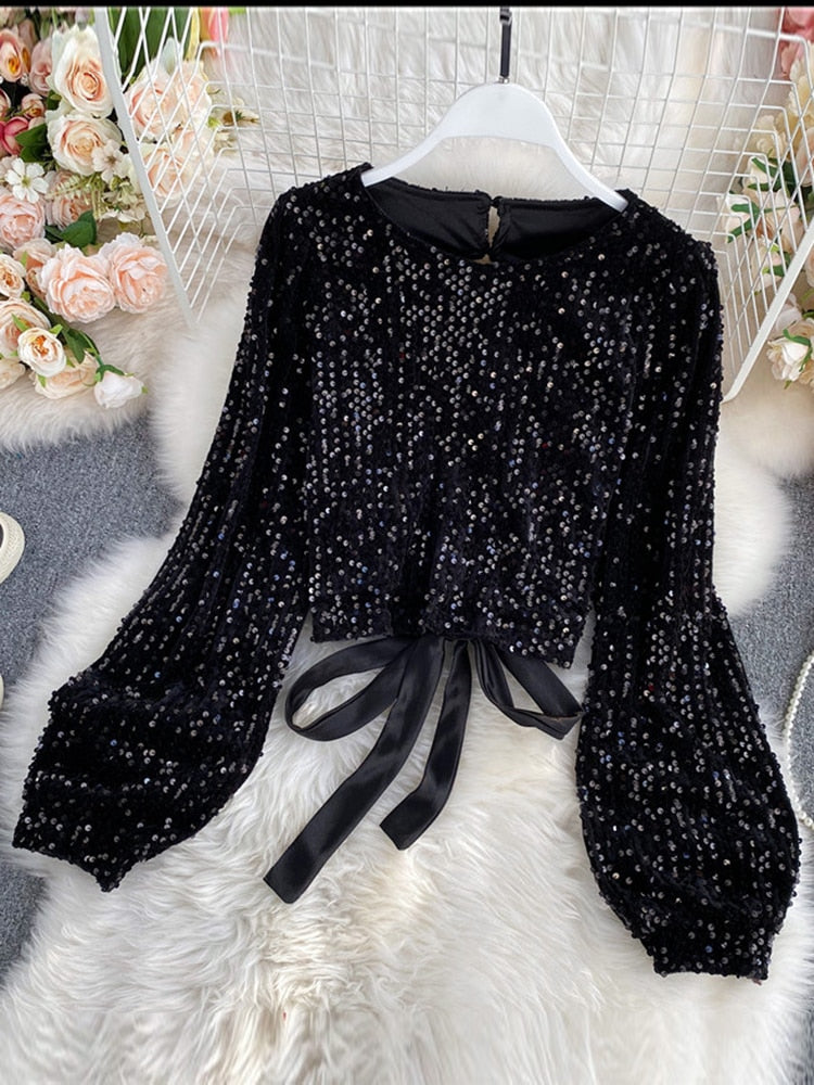 O-Neck Shirts Long-sleeved Open Back Lace-up Bow Short Tops Female - Sabreeonline