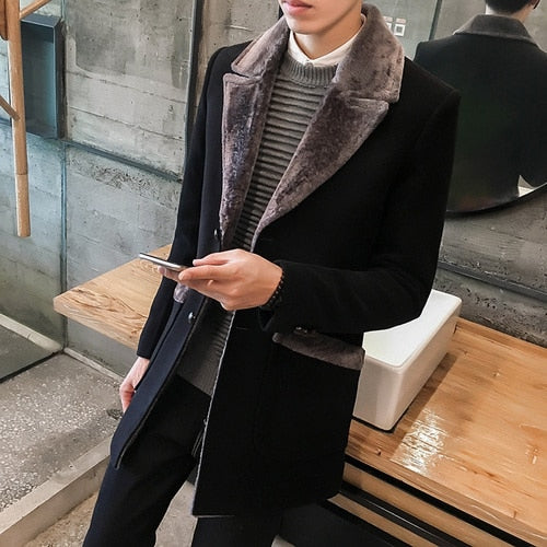 2022 Winter New Casual Windbreaker Men&#39;s Jacket Korean Long Section Large Fur Collar Jacket Men&#39;s Business Casual Warm Wool Coat - Sabreeonline