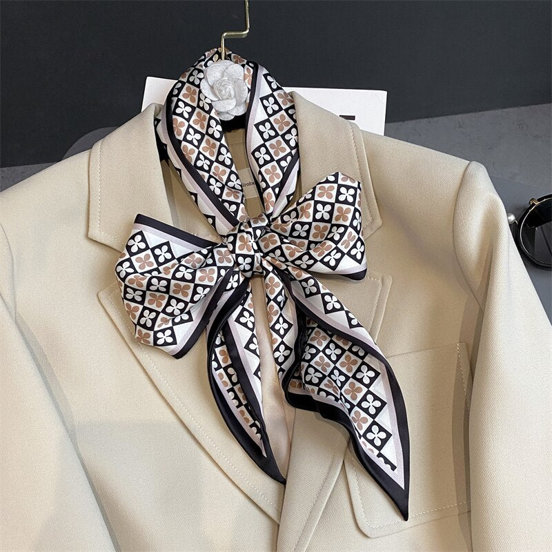 Elegant Print Satin Silk Skinny Scarf - Sabreeonline