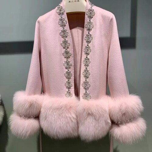 New Style ladies Real Fox Fur Coat Winter Women handmade crystal beaded  Cardigan Jacket blended fur coats     NQ01 - Sabreeonline
