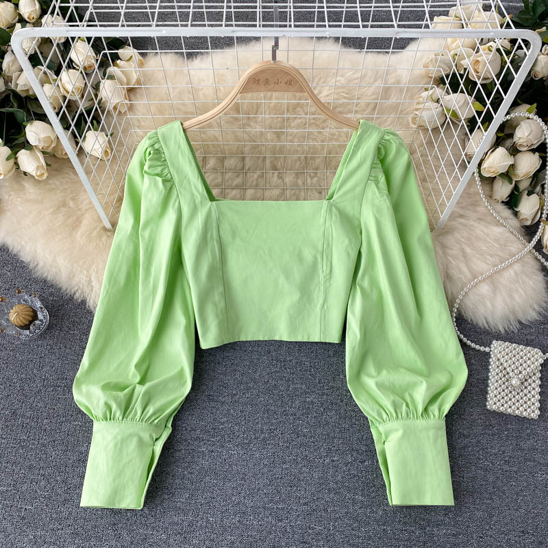 T686 Ins Short Tops Women 2021 Spring Autumn New Fashion Party Square Collar Slim Long Sleeve Shirt Solid Color Blouse - Sabreeonline