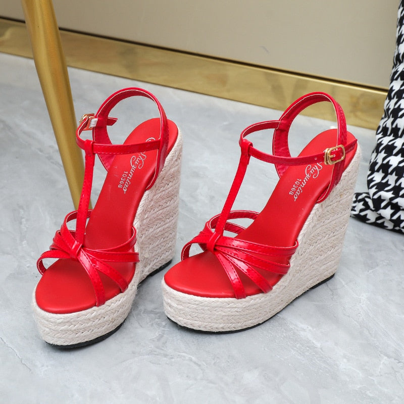 Hemp rope women&#39;s shoes large size wedge heel platform sandals Simple European and American woven large size