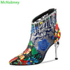Patchwork Fabric Mesh Embroidery Boots For Women Crystal Design Back Zipper Ankle-High Pointed Toe Thin High Heel Female Shoes - Sabreeonline