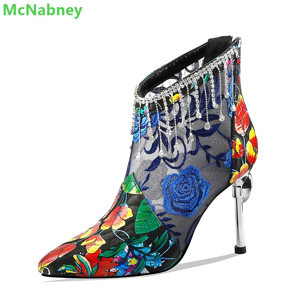 Patchwork Fabric Mesh Embroidery Boots For Women Crystal Design Back Zipper Ankle-High Pointed Toe Thin High Heel Female Shoes - Sabreeonline
