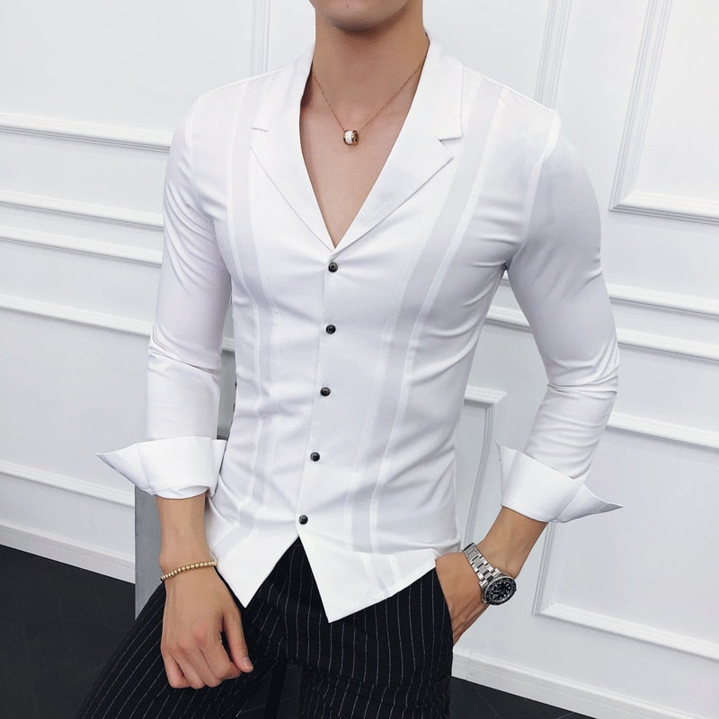 Long-Sleeved V-neck Slim Fit Casual Business Shirts - Sabreeonline