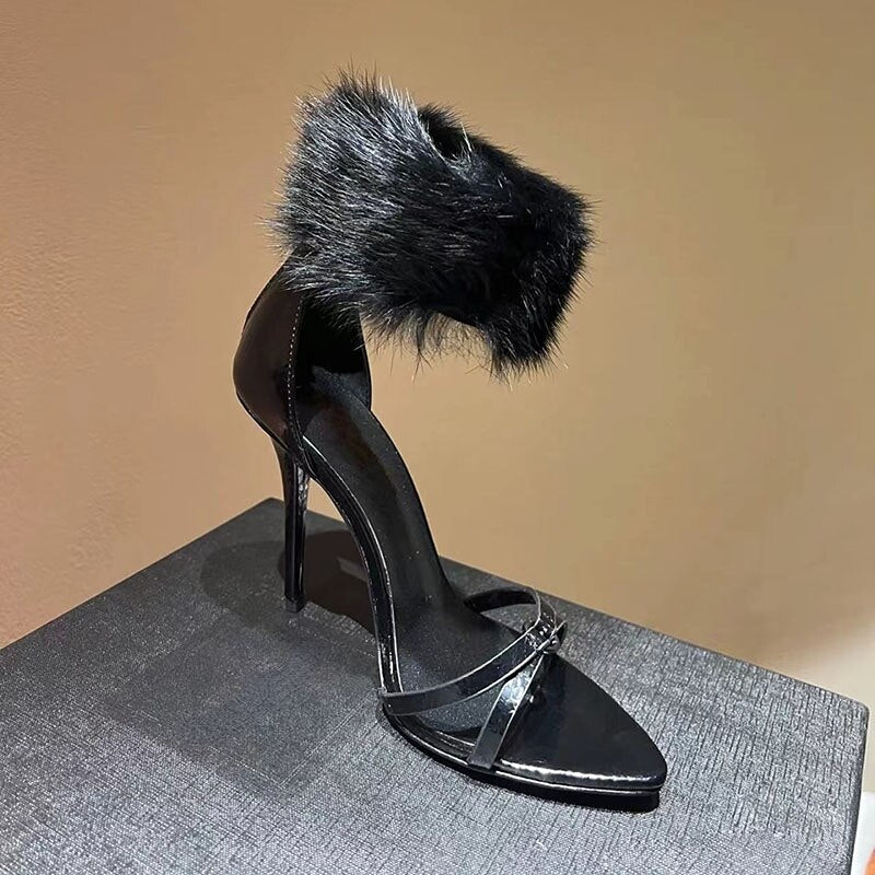 Sexy Nightclub Black Mink Fur Pointed Women Shoes - Sabreeonline
