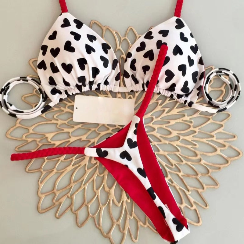 Cute Heart Print Brazilian Bikini Set
