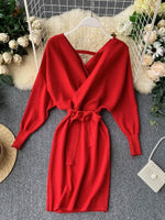 Sweater Dress Batwing Sleeve V Neck Elegant Dress Ladies Bandage Dress - Sabreeonline