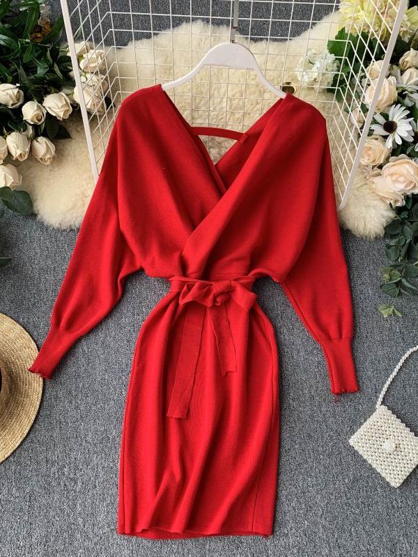 Sweater Dress Batwing Sleeve V Neck Elegant Dress Ladies Bandage Dress - Sabreeonline