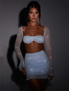 Mozision Mesh Sexy Dress Set Women Strapless Full Sleeve Crop Top And Mini Skirt Matching Sets Female Club Party Two Piece Set