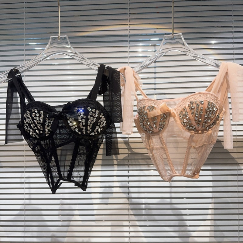 PREPOMP 2023 Summer New Collection Sleeveless Rhinestone Mesh Transparent Chest Pads Slim Sexy Camisole Women Tank Top GK290