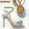 Surkova Crystal Strappy Bowtie High Heel Sandals Blue Patchwork Buckle Dress Shoes Bling Bling Rhinestone Butterfly-knot Pumps - Sabreeonline