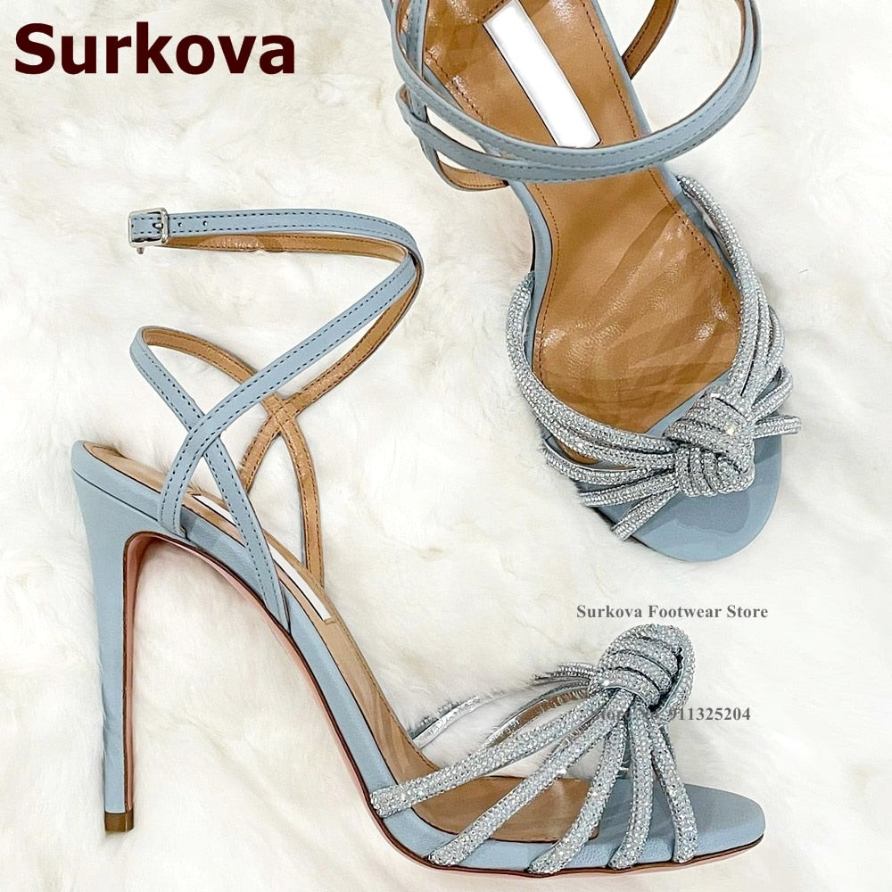 Surkova Crystal Strappy Bowtie High Heel Sandals Blue Patchwork Buckle Dress Shoes Bling Bling Rhinestone Butterfly-knot Pumps - Sabreeonline