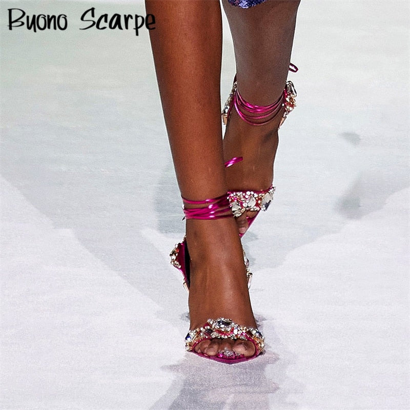 Mirror Crystal Heeled Sandals Pointed Rhinestone Stiletto High Heel Sandals Gold Stunning Bride Heels Ankle Strap Wedding Shoes - Sabreeonline