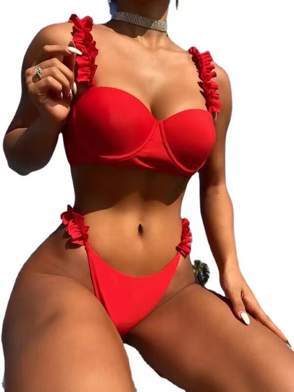 Sexy Push Up Solid Bikini Ruffle Bath Suits