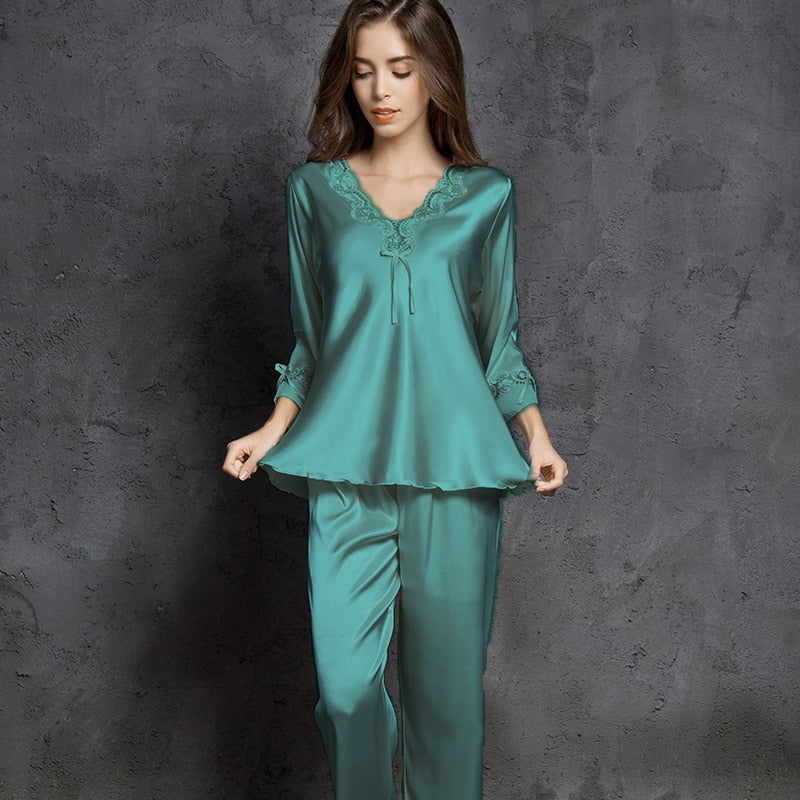 pijamas women Female pantsuit women Ice Silk Suit Long Sleeve silk pajamas Thin Bud Silk Sleeping Home Suit sleepwear - Sabreeonline