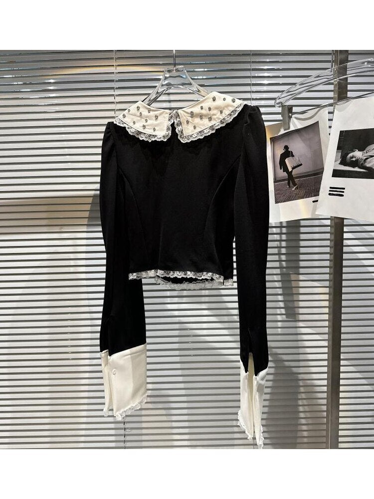 HIGH QUALITY New Fashion 2023 Designer Shirt Women's Granular Beaded Neck Flare Sleeve Shirt T-shirt - Sabreeonline