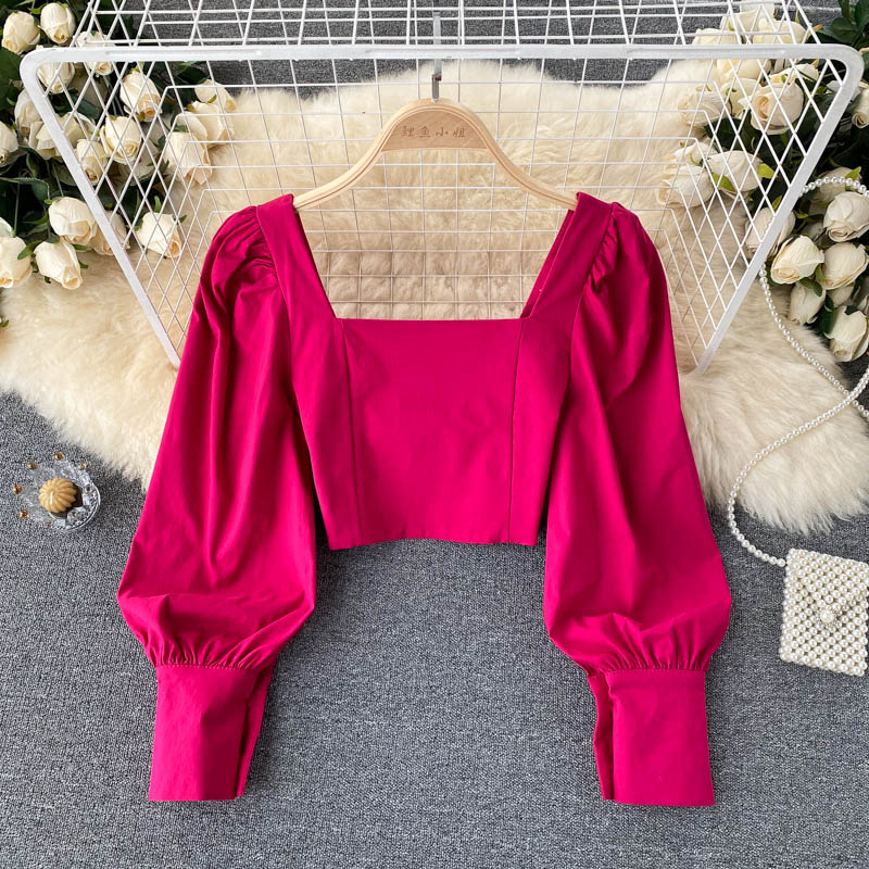 T686 Ins Short Tops Women 2021 Spring Autumn New Fashion Party Square Collar Slim Long Sleeve Shirt Solid Color Blouse - Sabreeonline