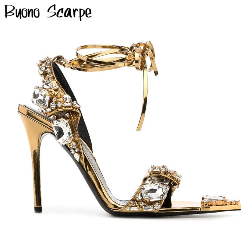 Mirror Crystal Heeled Sandals Pointed Rhinestone Stiletto High Heel Sandals Gold Stunning Bride Heels Ankle Strap Wedding Shoes - Sabreeonline