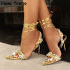 Mirror Crystal Heeled Sandals Pointed Rhinestone Stiletto High Heel Sandals Gold Stunning Bride Heels Ankle Strap Wedding Shoes - Sabreeonline
