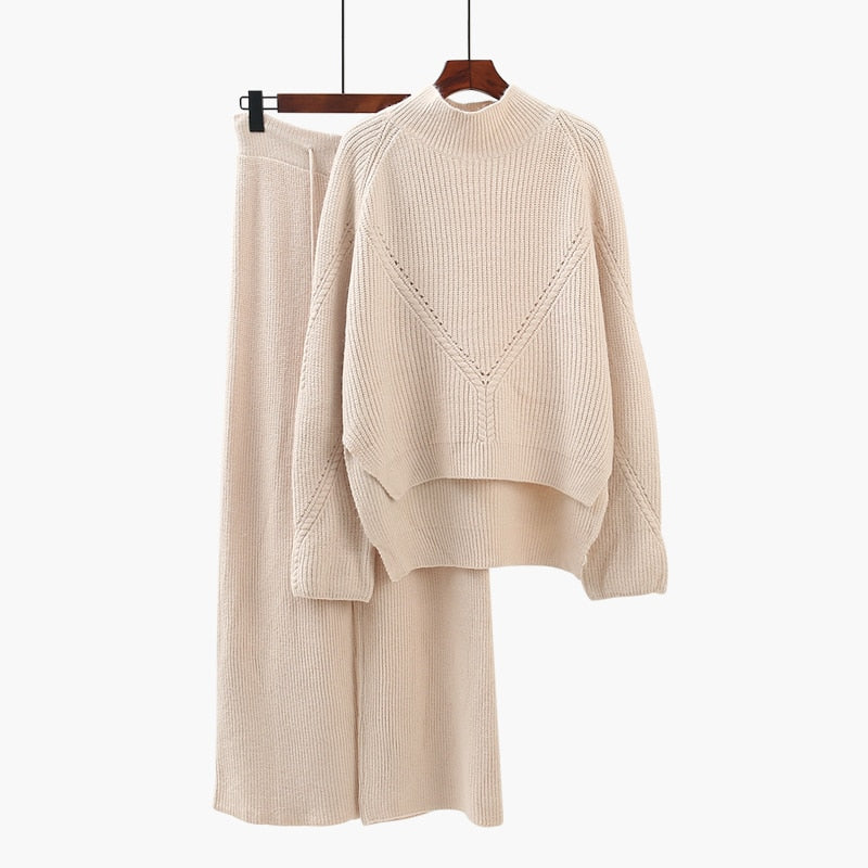 Sets Autumn Winter New Thicken Solid Warm Sweater and Wide Leg Pant Suits - Sabreeonline