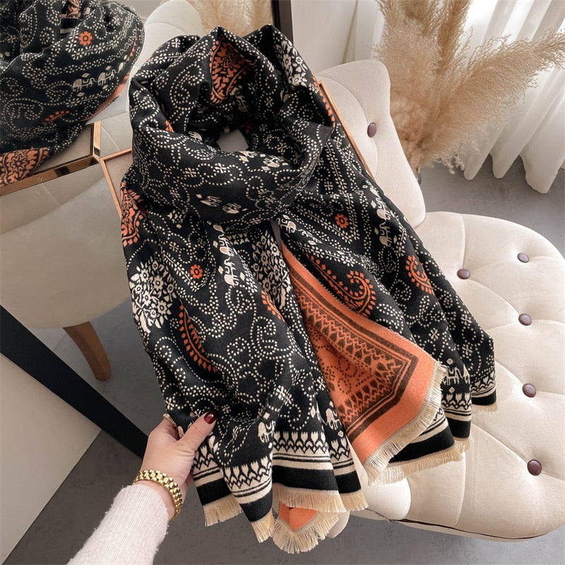 Luxury Brand Winter Cashmere Scarf for Women Fashion Warm Shawls and Wraps Pashmina Neckerchief Poncho Tassel Bufandas Echarpe - Sabreeonline