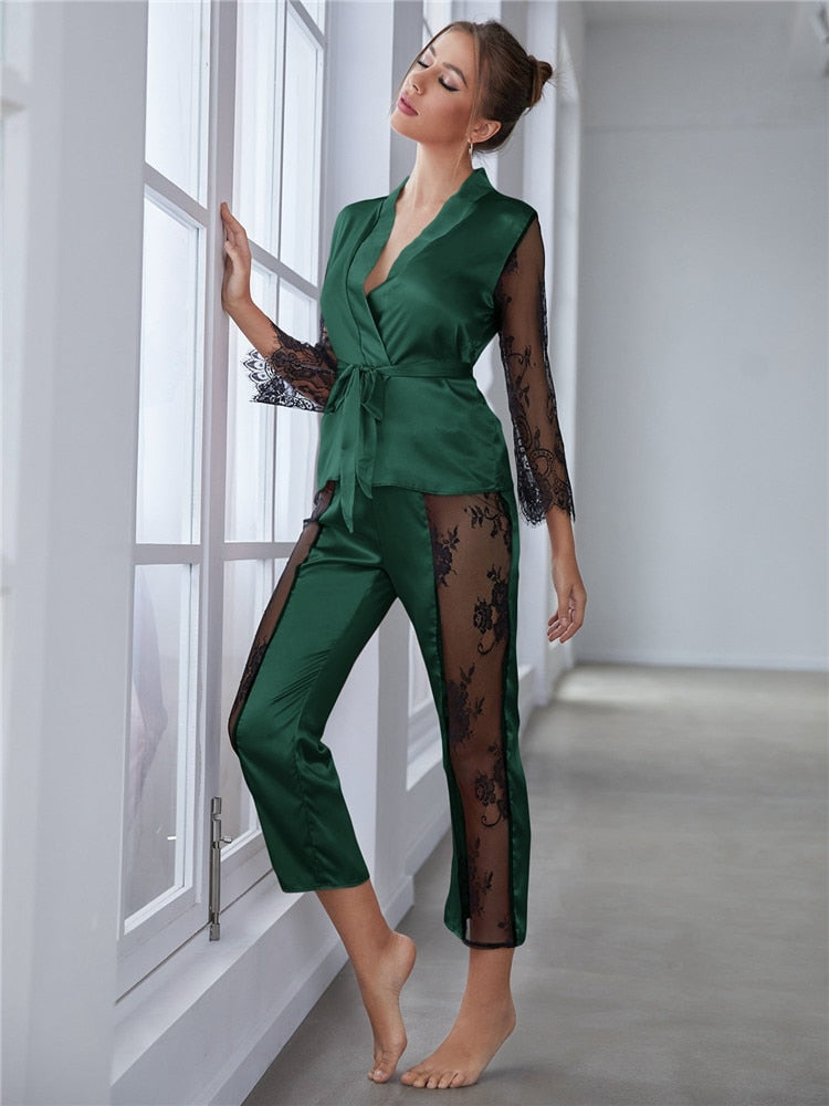 Women's Satin Pajamas Set Gorgeous Sleeve Top with Pant Contrast Lace Lounge Wear Hollow Out 2pcs Sleepwear - Sabreeonline