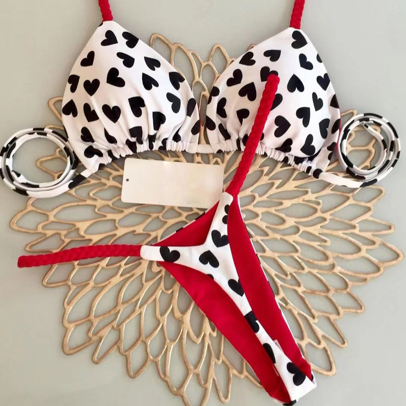 Cute Heart Print Brazilian Bikini Set