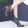 Patchwork Fabric Mesh Embroidery Boots For Women Crystal Design Back Zipper Ankle-High Pointed Toe Thin High Heel Female Shoes - Sabreeonline