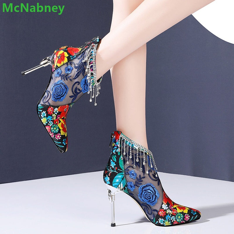 Patchwork Fabric Mesh Embroidery Boots For Women Crystal Design Back Zipper Ankle-High Pointed Toe Thin High Heel Female Shoes - Sabreeonline