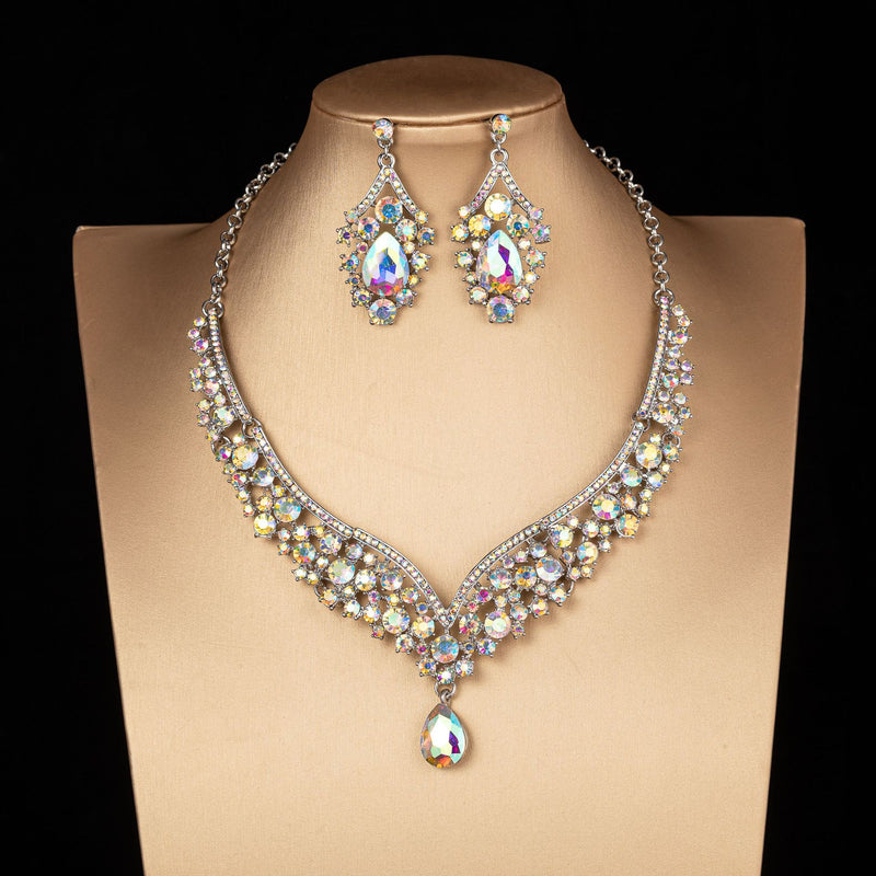 Baroque Crystal Water Drop Bridal Jewelry Sets Rhinestone Tiaras Crown Necklace Earrings for Bride Wedding Dubai Jewelry Set - Sabreeonline