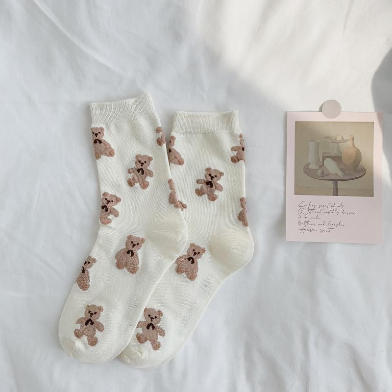 Creative New Brown Bear Socks Female Middle Tube Socks Japanese Cute Small Fresh Wild Student Socks Autumn and Winter Socks - Sabreeonline