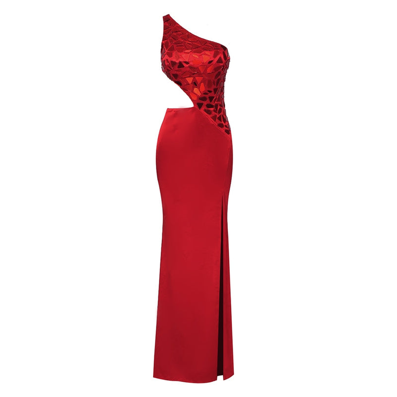 Red Dress Luxury Sequins High Slit - Sabreeonline