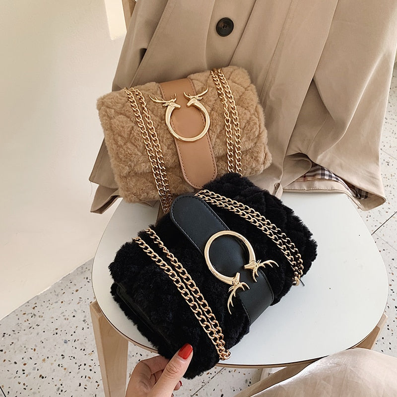 Soft Women Lock Chain Plush Shoulder Messenger Bag - Sabreeonline