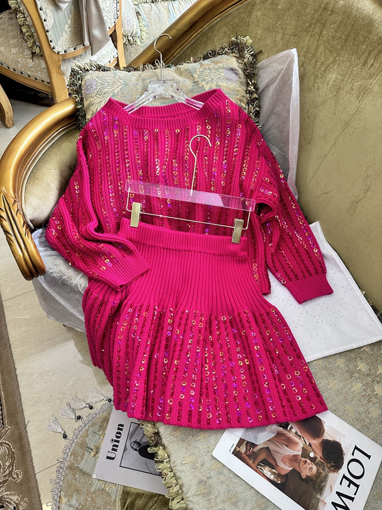 Glitter Sequined Beaded Pullover Sweater & Mini Skirt - Sabreeonline