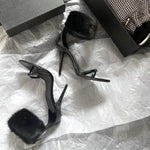 Sexy Nightclub Black Mink Fur Pointed Women Shoes - Sabreeonline