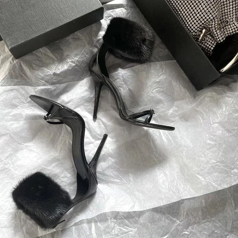Sexy Nightclub Black Mink Fur Pointed Women Shoes - Sabreeonline
