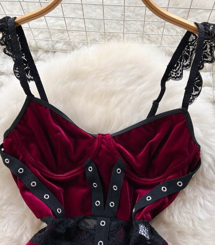 Ruffled Lace Backless Velvet Erotic Sensual Bodysuits - Sabreeonline