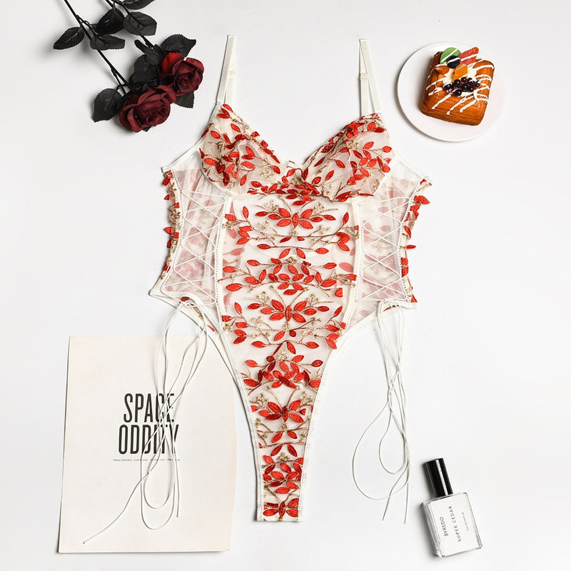 Women Teddy lingerie Sexy Underwear Erotic Corset Lace Mesh Sleepwear Nightwear  Embroidered strap one-piece sexy pajamas - Sabreeonline
