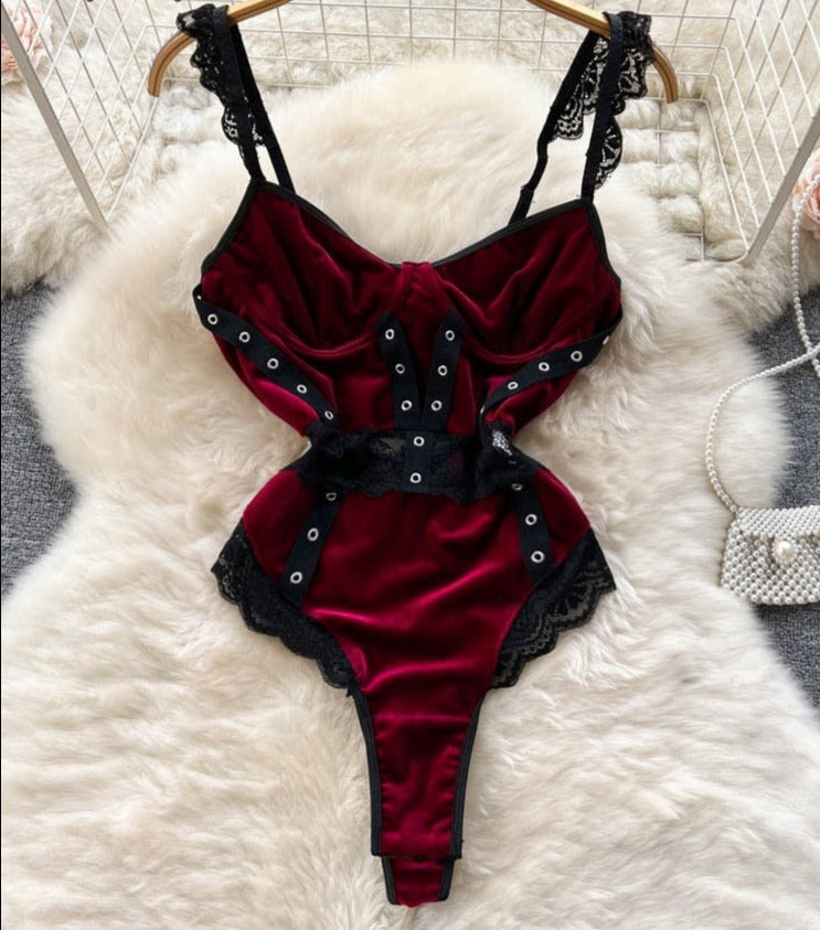 Ruffled Lace Backless Velvet Erotic Sensual Bodysuits - Sabreeonline